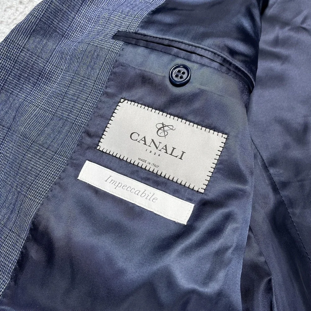 Canali Suit‎ Jacket Mens Size 46R Blue Check Wool Impeccabile Blazer Italy